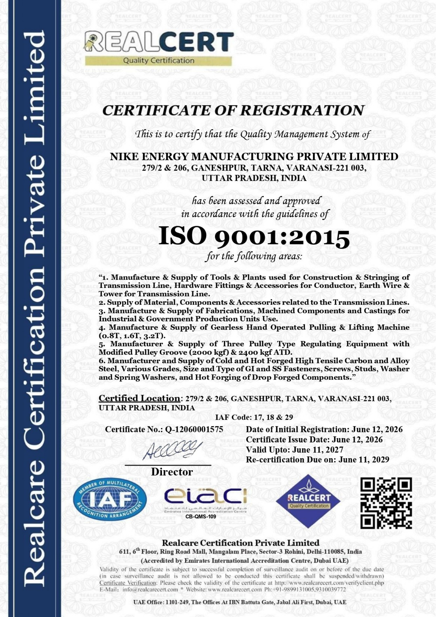 ISO 9001:2015 certification of Nike Energy Manufacturing Pvt Ltd